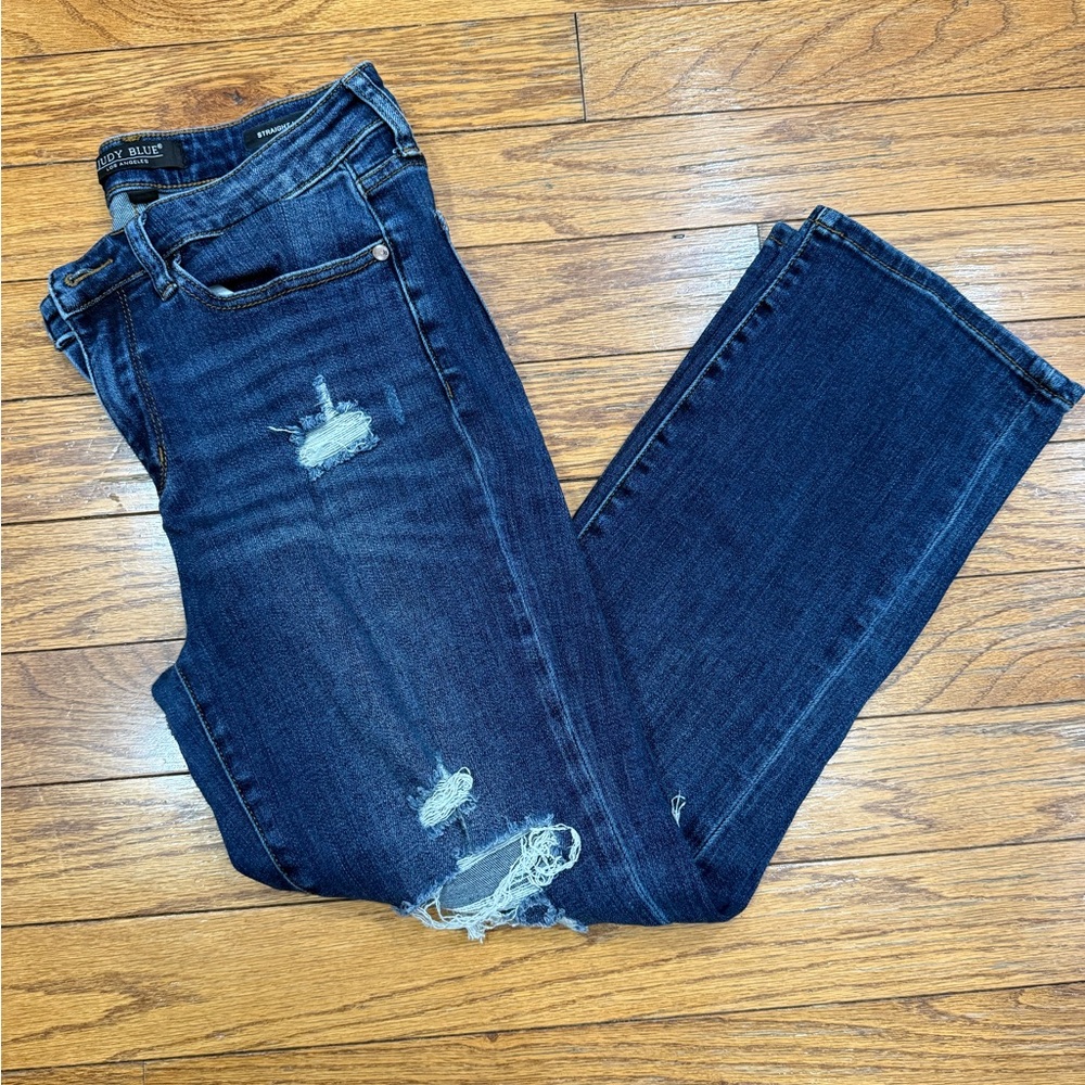 Judy Blue Dark Wash Distressed Straight Leg Jeans